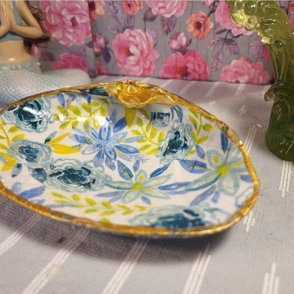 DECOUPAGE CLAM SHELL DECOUPAGE FLOWERS TRINKET DISH - Picture 6 of 10